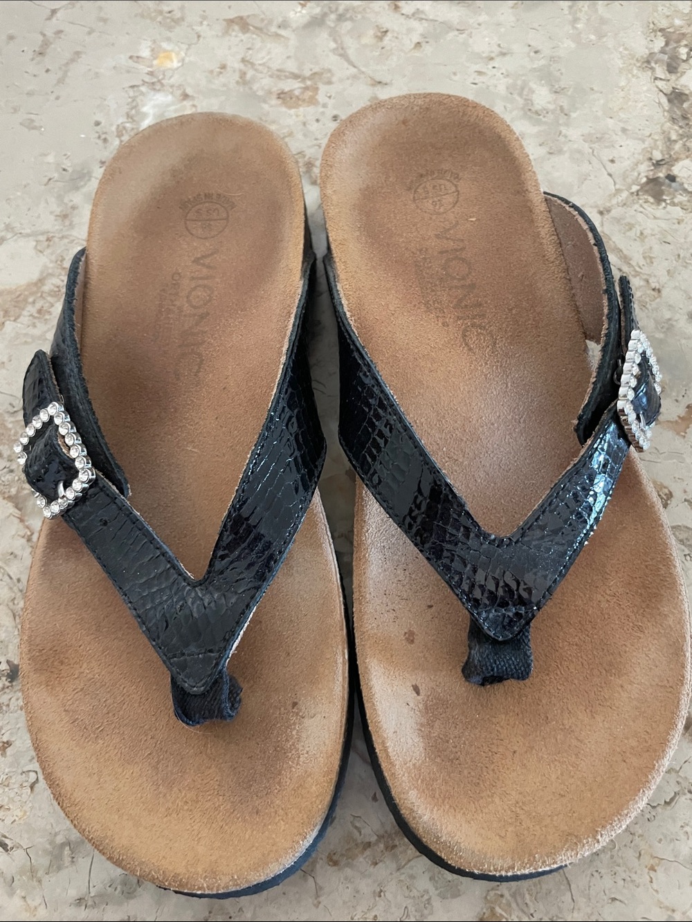 Vionic Black Patent Faux-Snakeskin Thong Sandals with Rhinestone Buckles